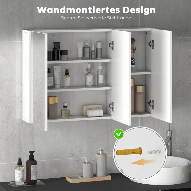 ARMADIO DA BAGNO A MURO 90x15,5x60 cm Bianco con 3 ante a specchio