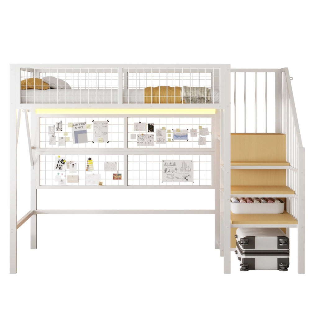Letto a soppalco in metallo 90x200 con scala contenitore e LED smart