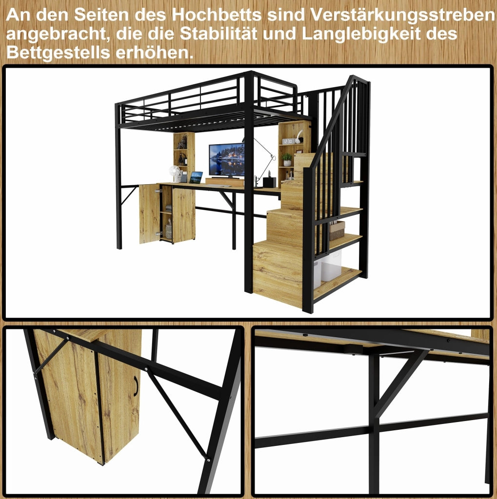 Letto a soppalco 90x200 cm con scrivania; vani contenitore e porta USB; nero; metallo e MDF