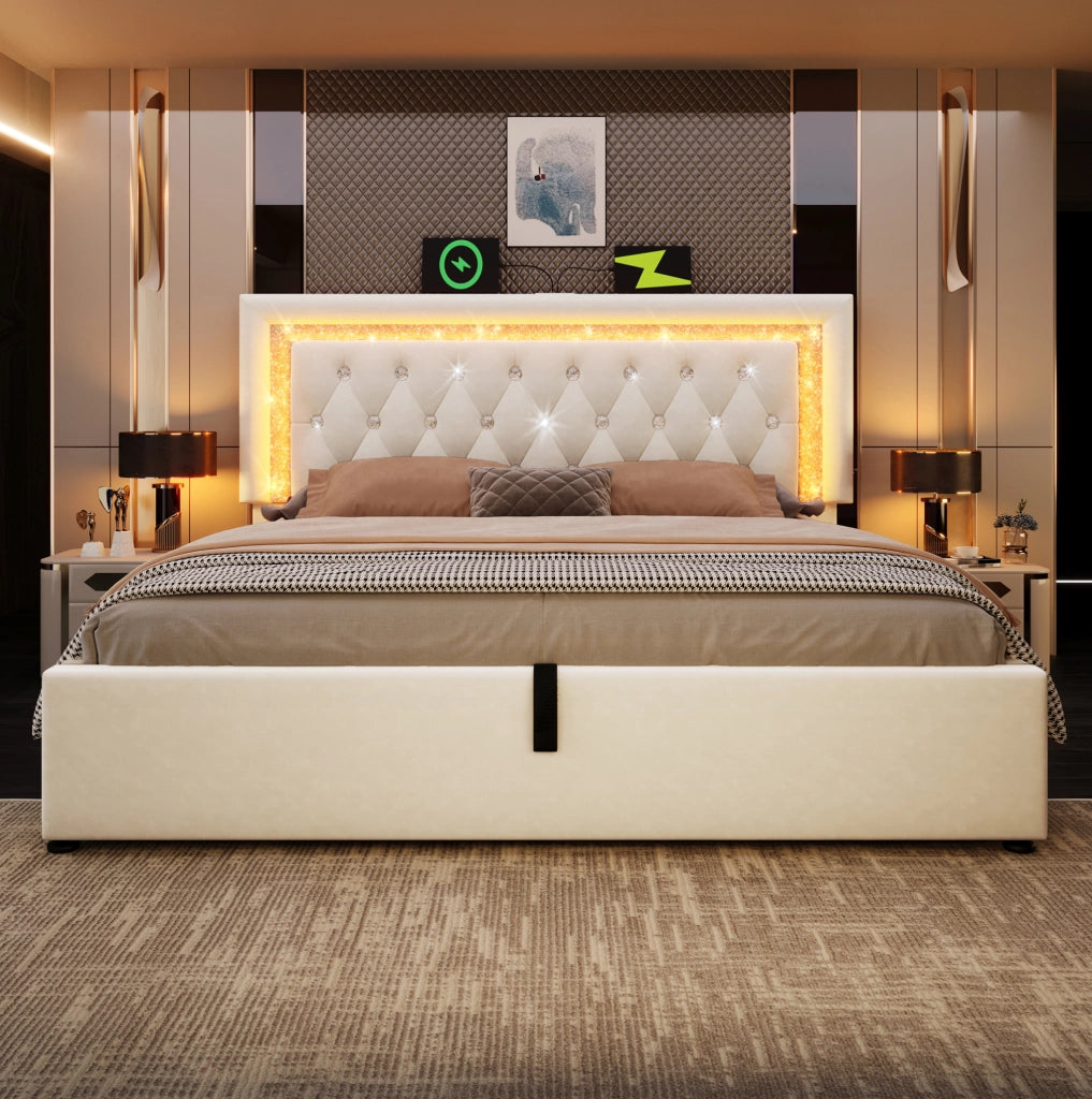 Letto matrimoniale 160x200 in velluto beige con LED e USB-C