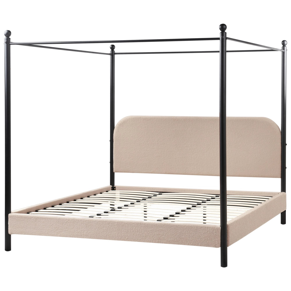 Letto a baldacchino in metallo nero con rivestimento in bouclé beige 180 x 200 cm EU Dimensioni doppie Retro Minimalista