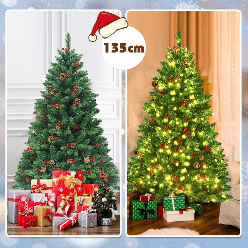 Albero di Natale Artificiale 135/195 cm in PVC, Albero di Natale con Luci LED Incorporate, Mele di Pino e Bacche Rosse, Christmas Tree per Casa, Negozio, Ufficio, Feste (M)
