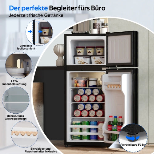 Mini frigorifero con congelatore; indipendente; volume totale 92L; congelatore da 28L; porta di vetro; illuminazione LED; basso rumore; mensole rimovibili in vetro; nero