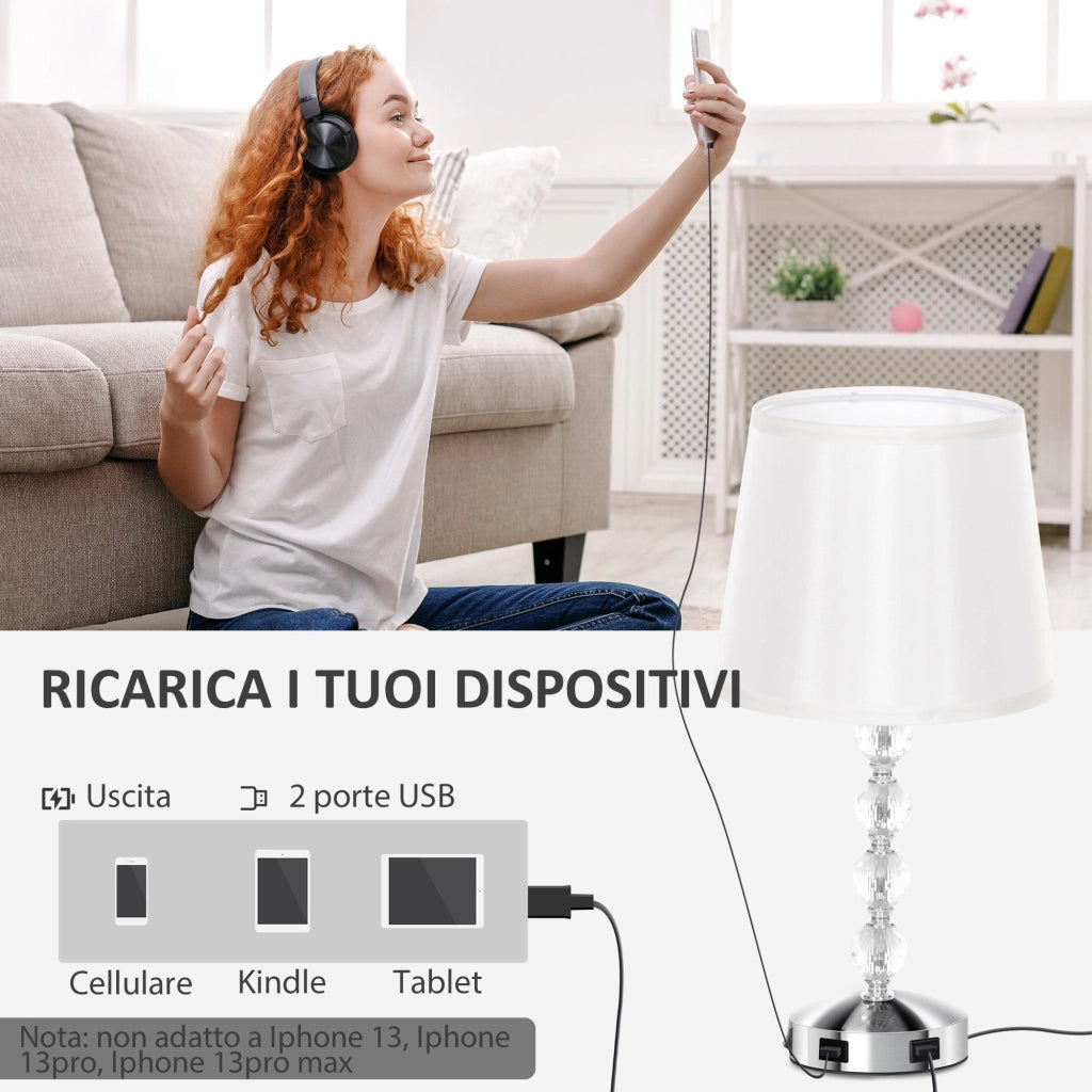 Lampada da Tavolo Base con Cristalli in Vetro con Porta USB Ø23x45 cm Bianco e Argento