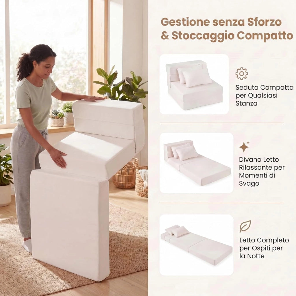 Divano Letto 2 Posti Pieghevole, 3 in 1 Divanetto Trasformabile con 2 Cuscini, Schiuma ad Alta Densità e Rivestimento in Tessuto Chenille, Poltrona Letto per Soggiorno (Beige,72 x 76 x 58 cm)
