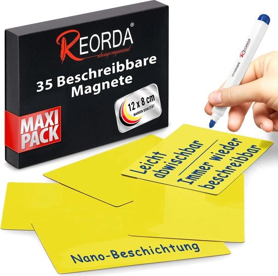 Strisce magnetiche adesive - 35 strisce riutilizzabili - 12 x 8 cm gialle | Magnetici adesivi per lavagne bianche, tabelloni kanban e lavagne magnetiche | Magnetici adesivi per frigoriferi