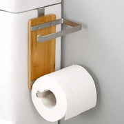 Toiletpapier holder in bambù per la vasca da bagno, doppia impugnatura per il rotolo di carta igienica in acciaio inossidabile lucidato
