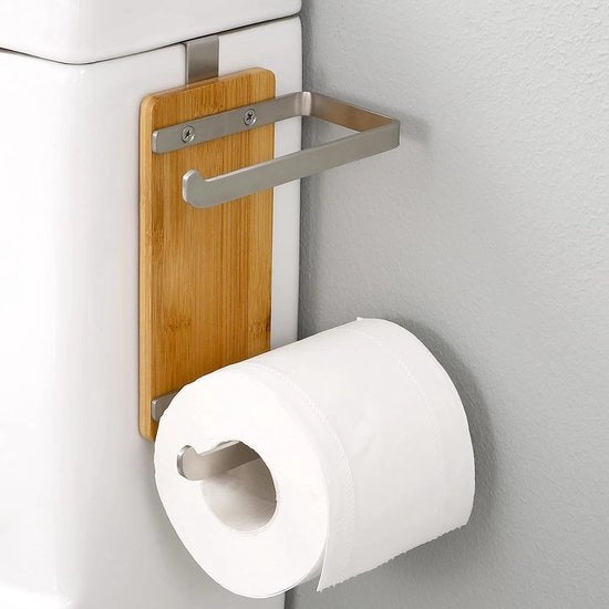 Toiletpapier holder in bambù per la vasca da bagno, doppia impugnatura per il rotolo di carta igienica in acciaio inossidabile lucidato