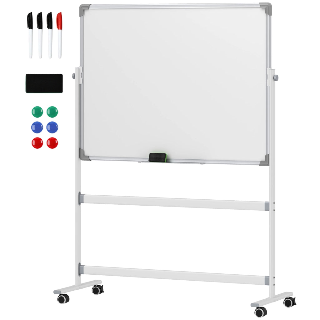 Lavagna Magnetica Bianca a 2 Facce con Accessori e 4 Ruote. in Alluminio e Acciaio. 127x50x165 cm