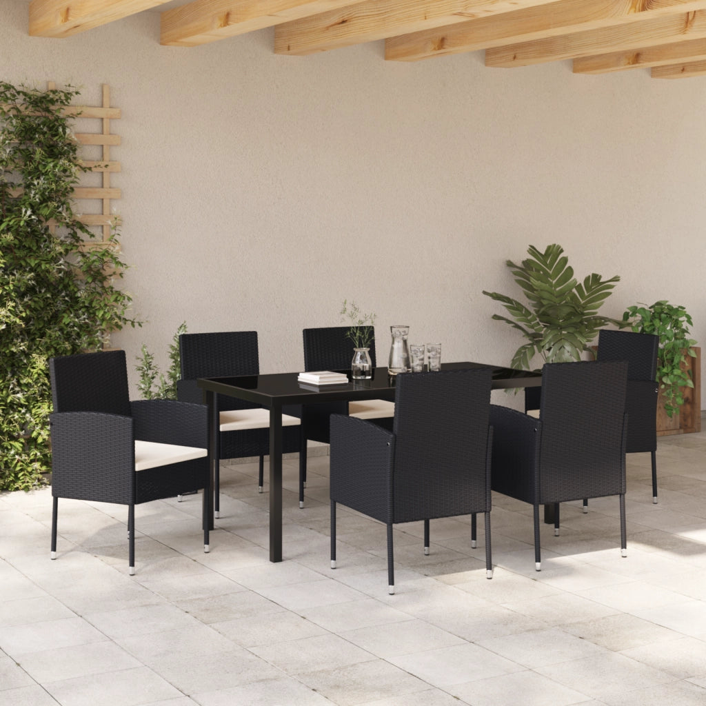 Set da Pranzo Giardino 7 Pezzi con Cuscini Nero Polyrattan
