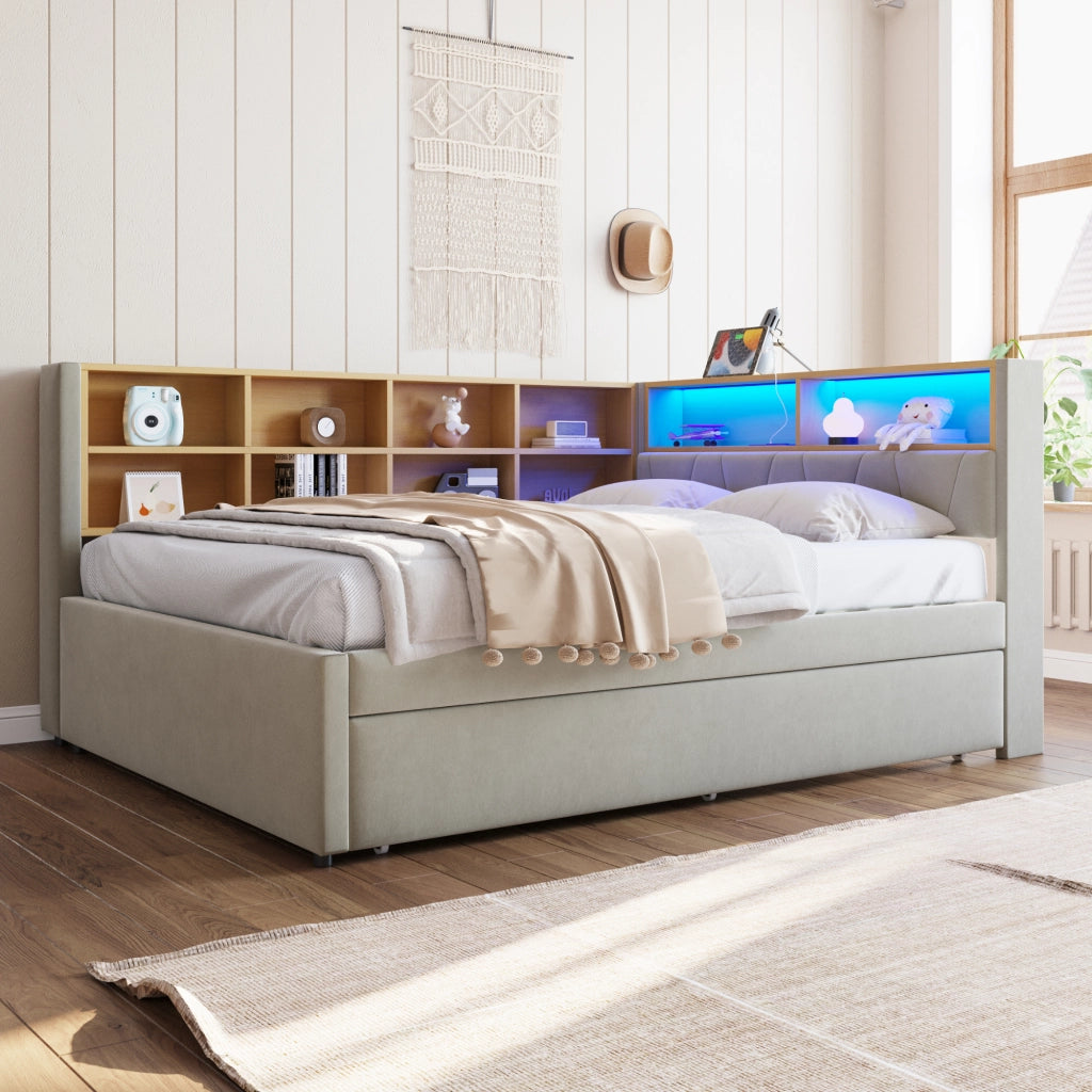 Divano letto con letto estraibile 140x200 cm, LED, USB e vani contenitore, flanella grigio chiaro