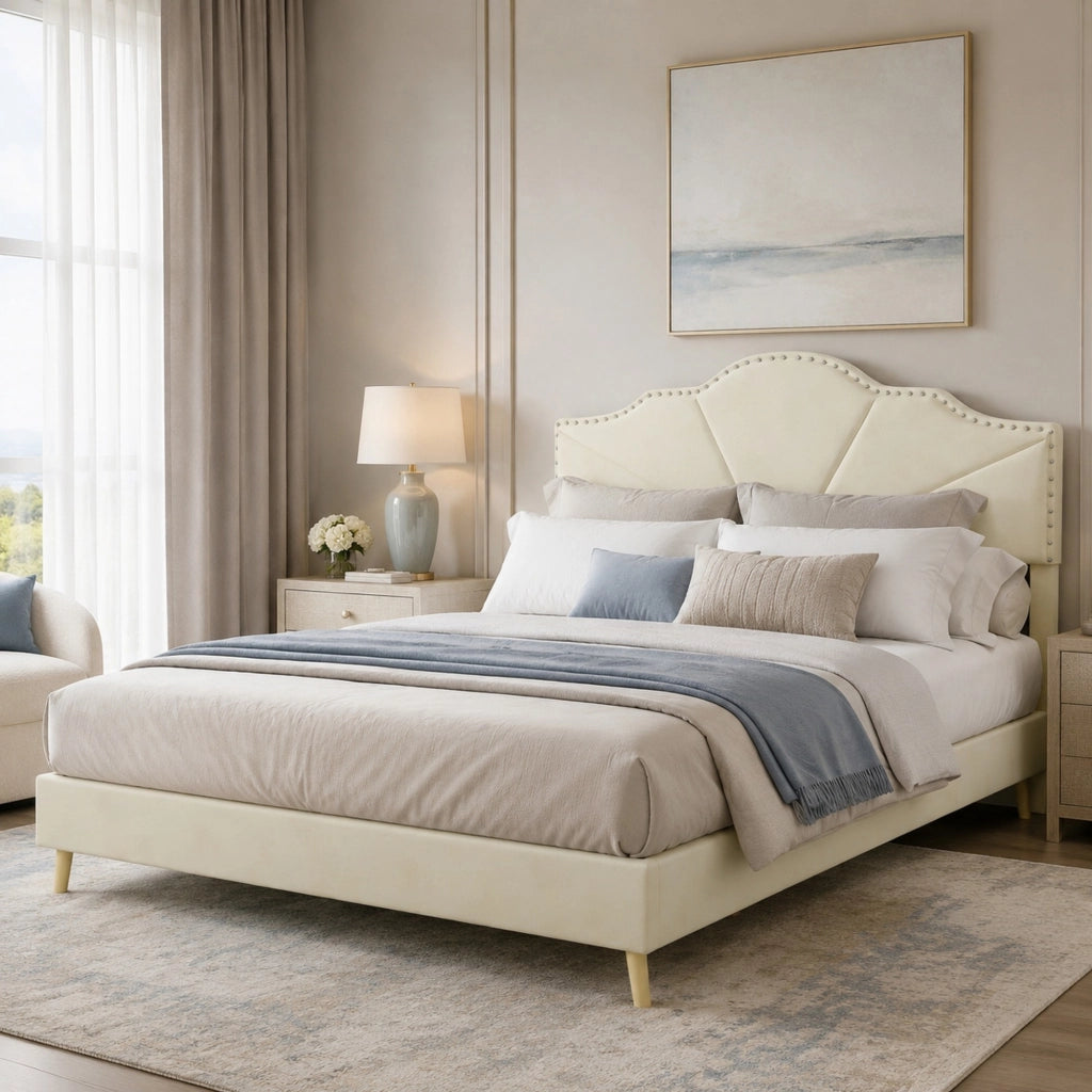 DESMIU Lit simple 140 × 200 cm con testiera geometrica e borchie, senza materasso, in tessuto e metallo, beige