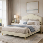 DESMIU Lit simple 140 × 200 cm con testiera geometrica e borchie, senza materasso, in tessuto e metallo, beige