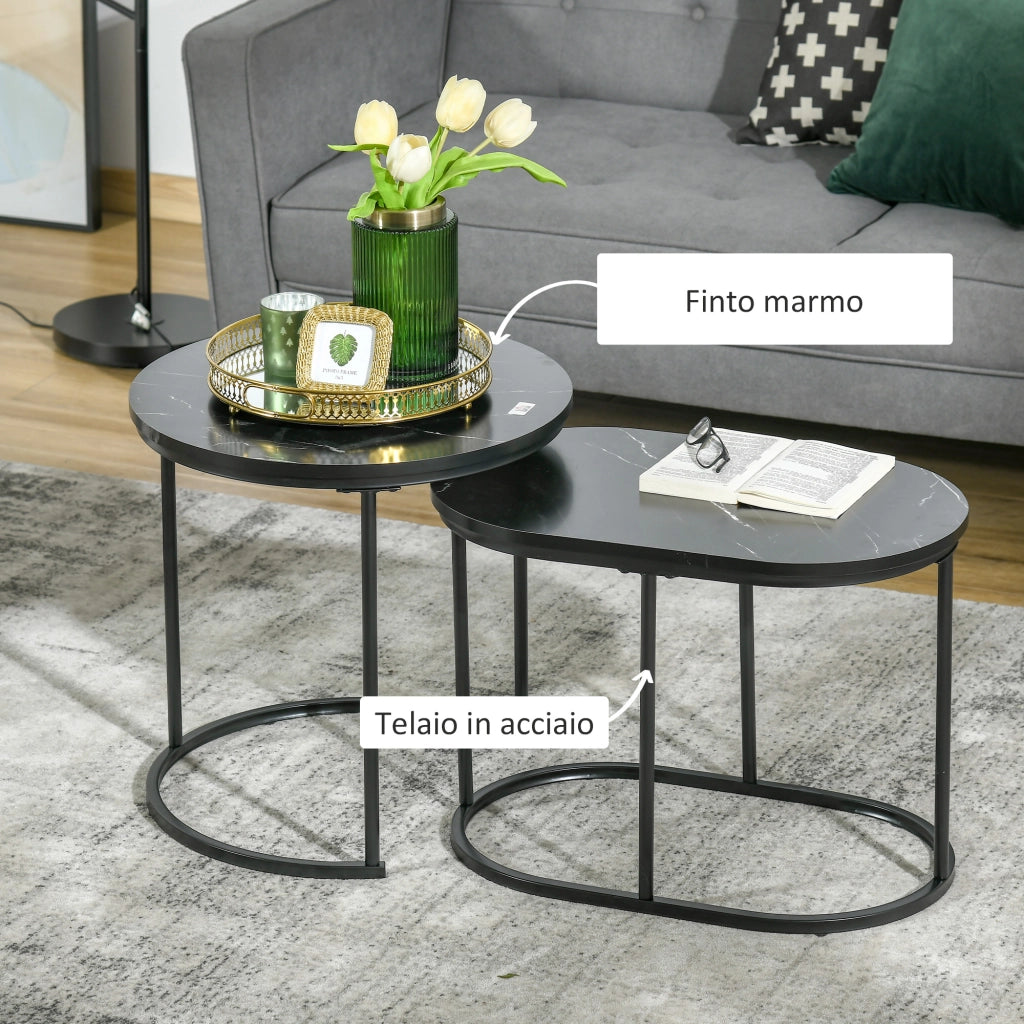 Set 2 Tavolini Sovrapponibili Ø50x50,5 cm e 60x36x43,5 cm con Piano Effetto Marmo Nero