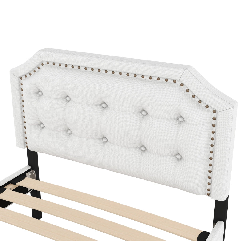 Letto imbottito 90x200 cm con cassetti; MDF e lino; beige chiaro