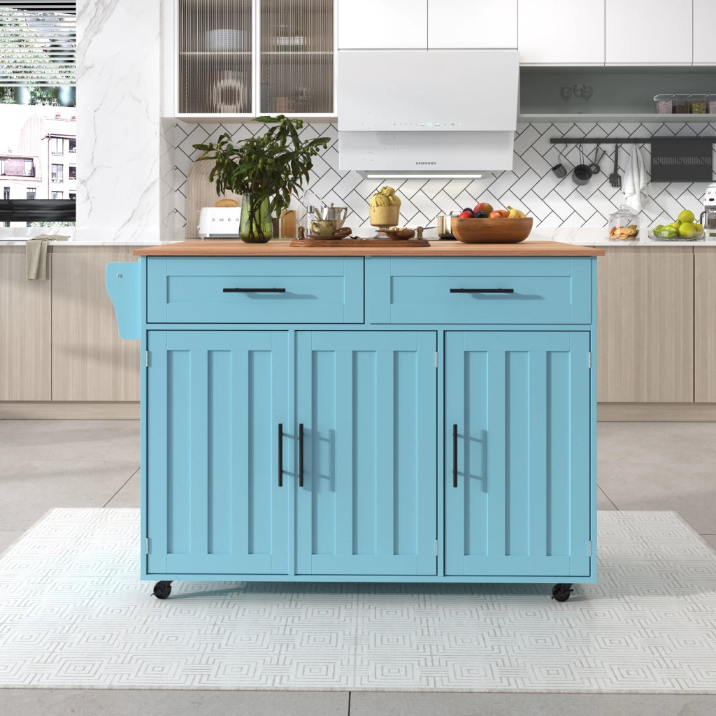 Isola da Cucina Mobile 129x46/71x91,5 cm Azzurra e Legno con Piano Ribaltabile, 2 Cassetti e 5 Ruote