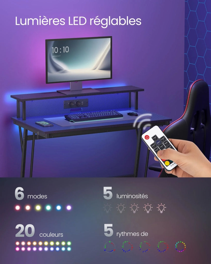 Scrivania da gaming con illuminazione a LED e multipresa scrivania per computer con supporto per monitor per 2 computer per camera da letto 60 x 100 x 76 cm nero carbone 12_0004630