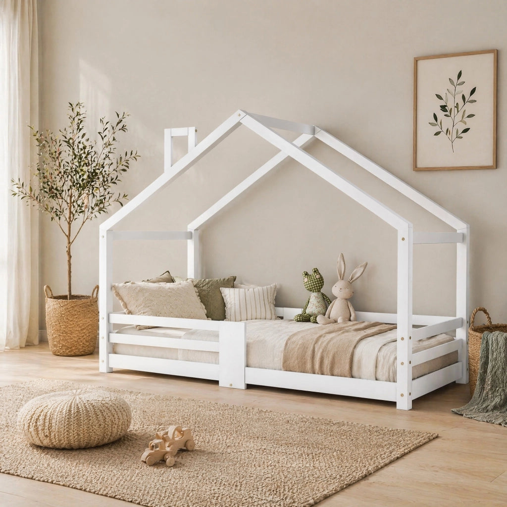 Letto a casetta per bambini 90x200 cm in legno massello, bianco, con sponde anticaduta e rete a doghe