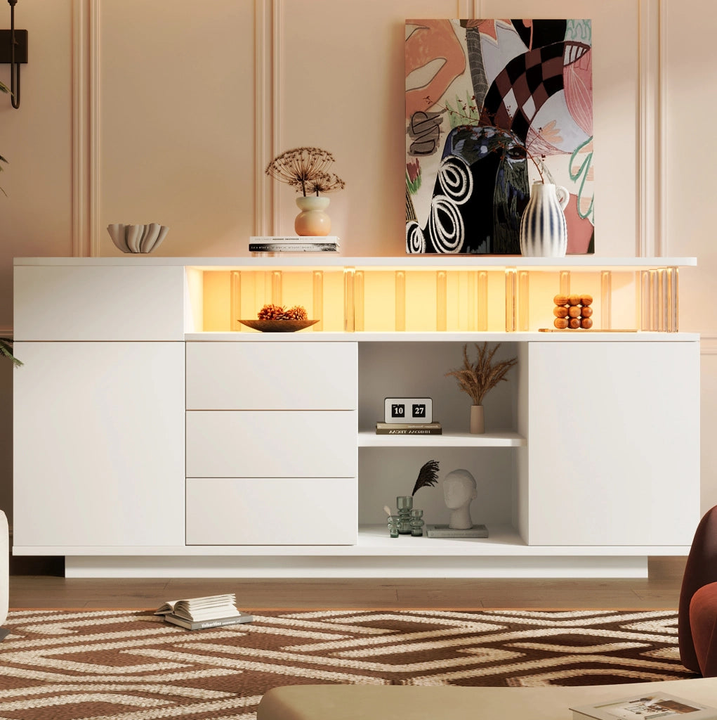Credenza bianca 160 cm con LED, 4 cassetti e 2 ante
