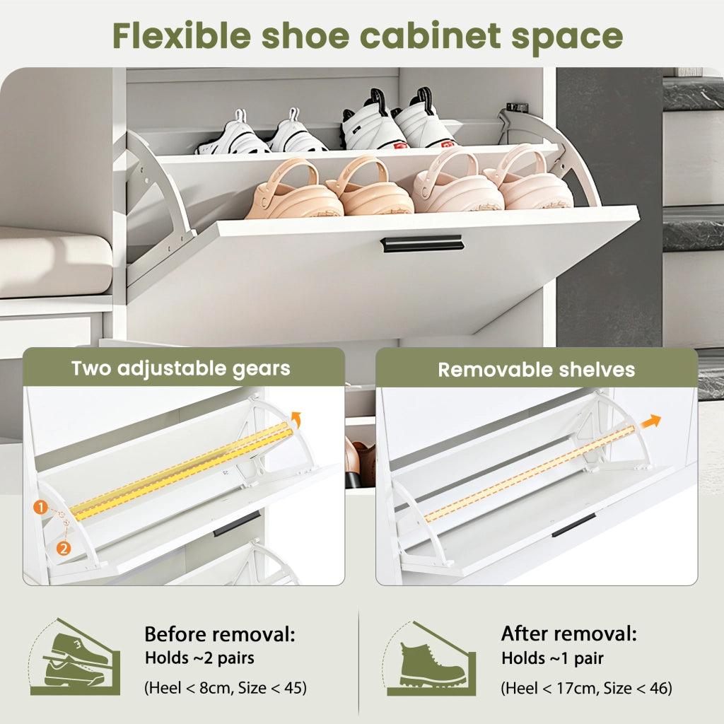 Mobile da ingresso con 2 scarpiere a ribalta, 1 cassetto, 2 ante, 10 ganci e panca imbottita, bianco, 120 × 30 × 200 cm
