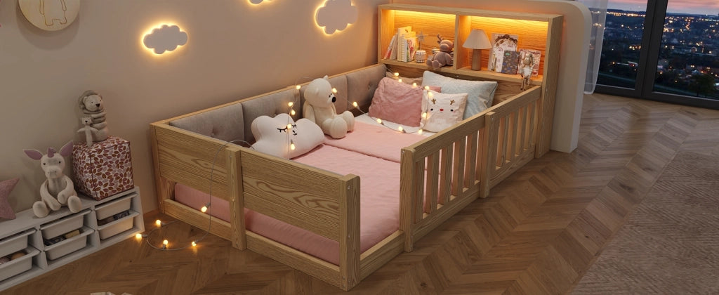 Letto per bambini 90 × 200 cm con barriera, testiera con contenitore e LED, senza materasso, naturale