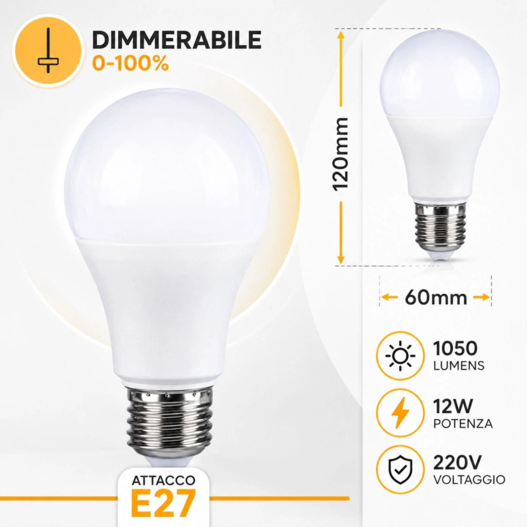 2 PZ Lampada Led E27 Dimmerabile Triac Dimmer 12W 220V 1050 Lumens, Disponibili 3000K 4000K 6000K (Bianco Neutro 4000K)