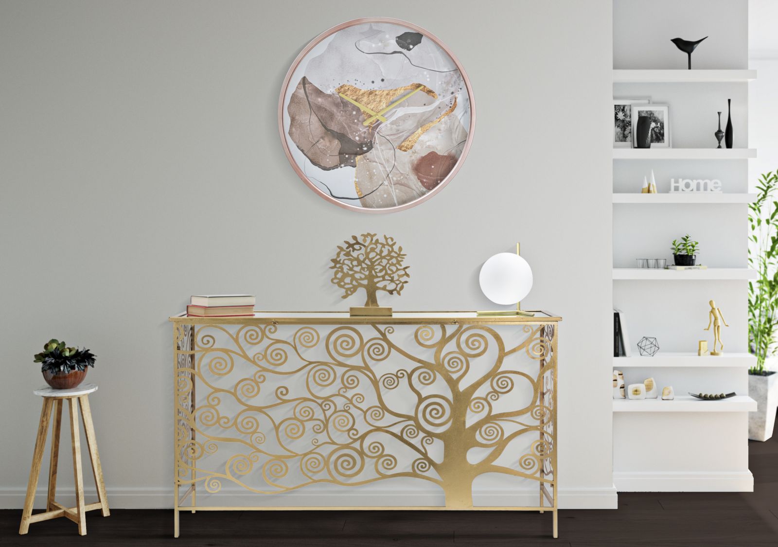 Console Albero della Vita 141,5x40,5x81,5 cm in Ferro MDF e Specchio Oro