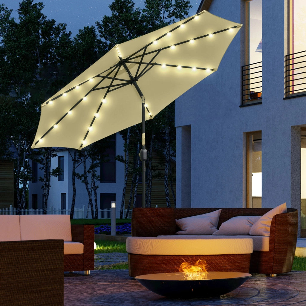 Ombrellone da Giardino Inclinabile ?265 cm con 32 Luci LED Solari e Manovella, Beige