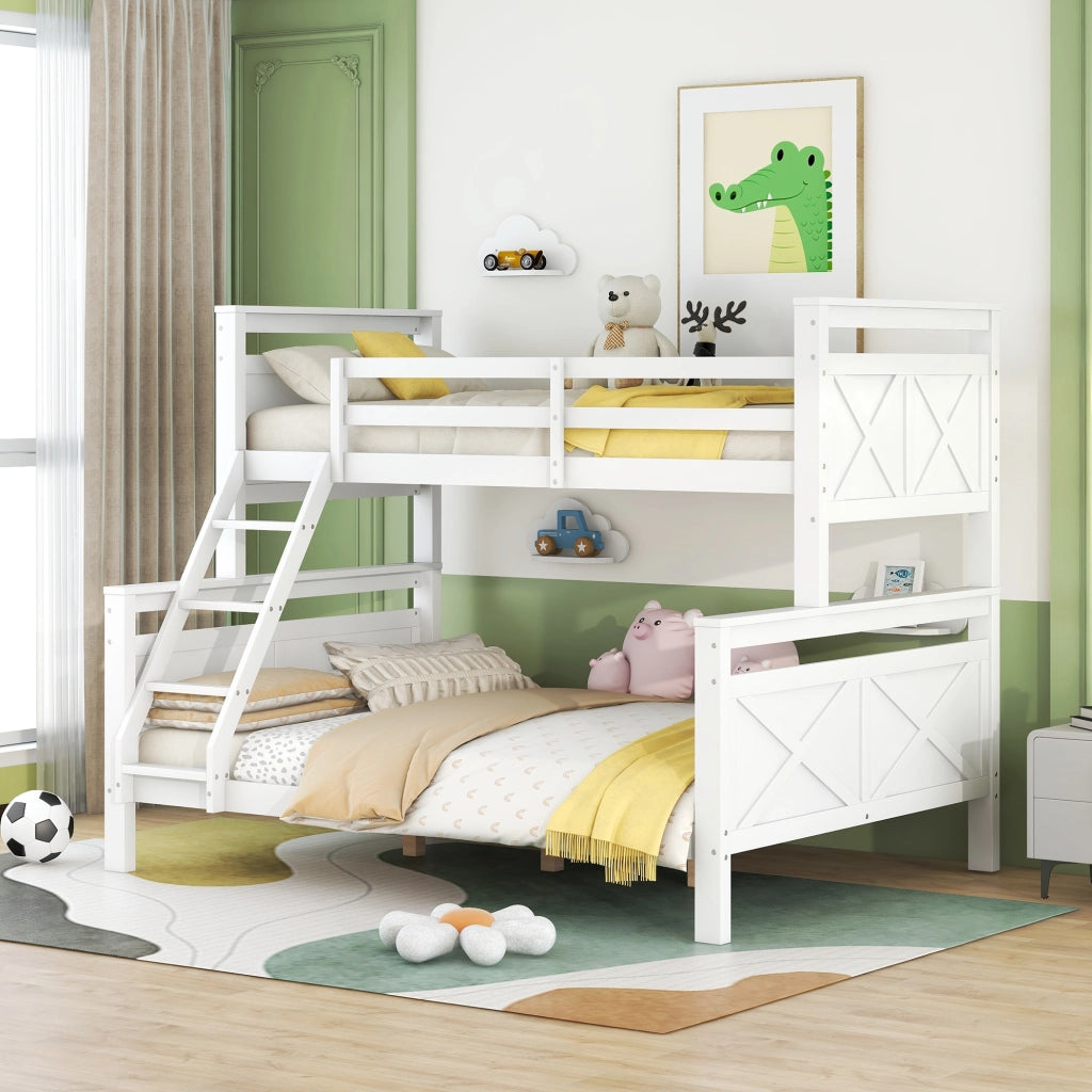 Letto a castello in pino bianco 90x200/140x200 cm con scala e sponde di sicurezza