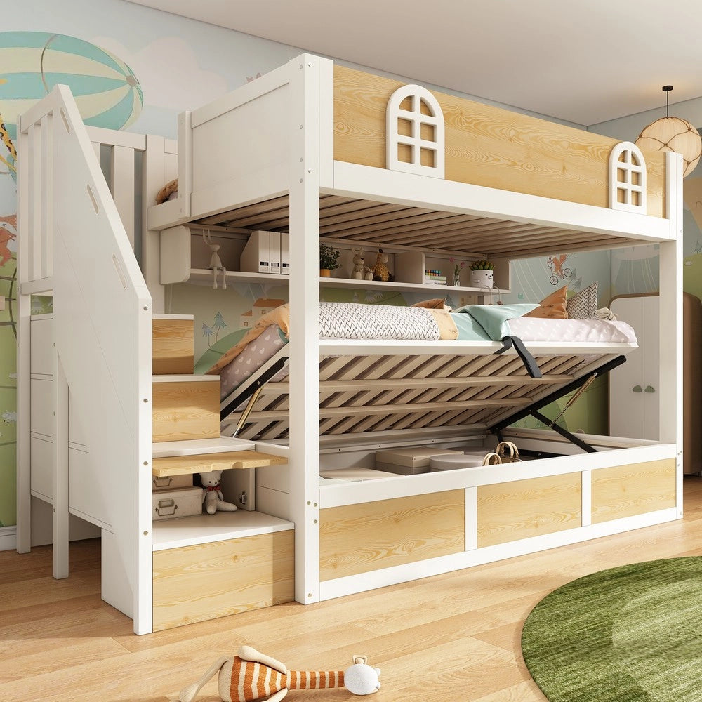Letto a Castello per Bambini con Scaletta Contenitore ¨C MINIMAL ¨C Bianco/Legno, 90x200, Rete a Doghe