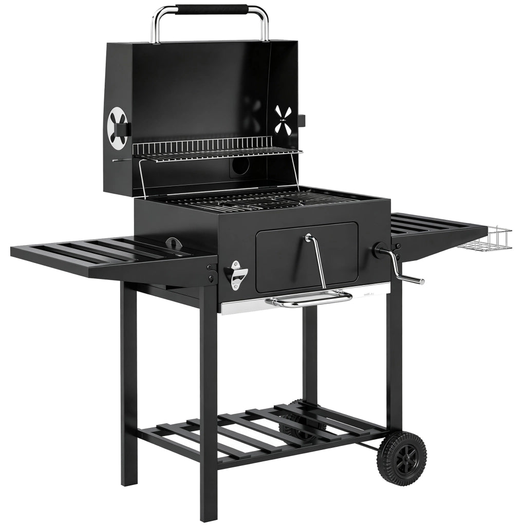 Barbecue a Carbone a Rotelle con Griglia Regolabile e Ripiani Pieghevoli, in Acciaio e PP, 133.5x65x110 cm, Nero