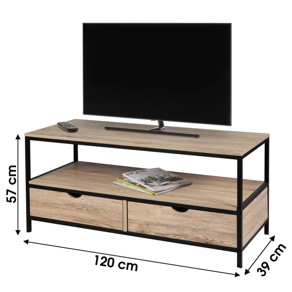 Mobile TV stile classico con 2 cassetti collezione RANONG - Colori rovere chiaro & nero, dimensioni 120x39xH57 cm