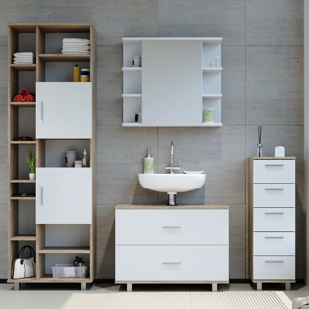 Set mobili bagno Ilias, Bianco/Sonoma, 80.2 cm, composto da mobile lavabo, pensile a specchio, colonna e base media