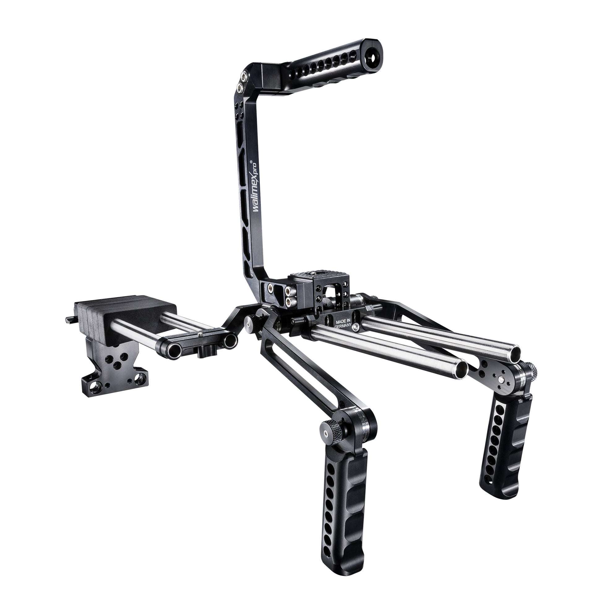 Camera rig modulare Mutabilis per setup fotografia professionale - in alluminio aeronautico - incl. spallacci, maniglia superiore, base e accessori - cage per corpo macchina