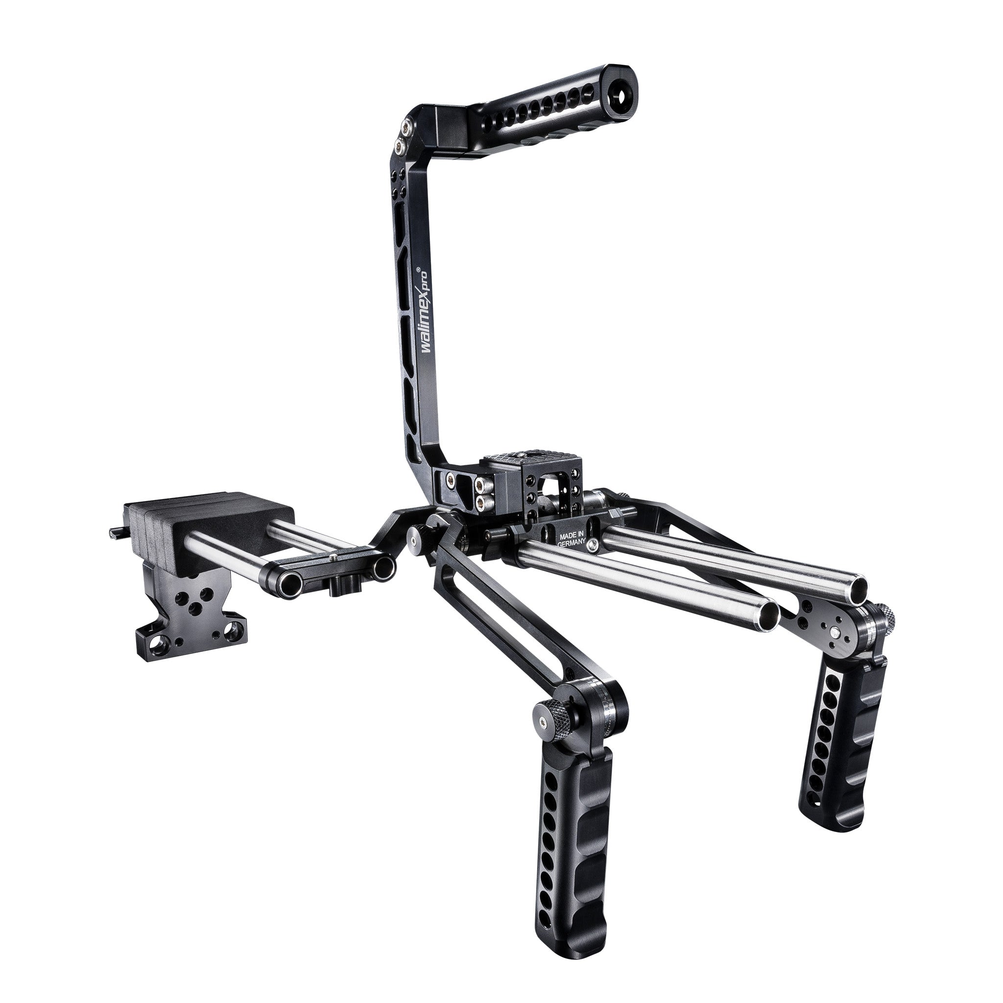 Camera rig modulare Mutabilis per setup fotografia professionale - in alluminio aeronautico - incl. spallacci, maniglia superiore, base e accessori - cage per corpo macchina