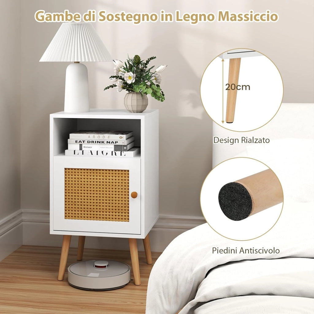 Set di 2 Comodini da Camera da Letto, Comodini in Legno con Porta in Rattan, Scomparto Aperto e Gambe in Legno Massello, Comò Moderno per Soggiorno e Studio, 40 x 39 x 70 cm (2, Bianco)