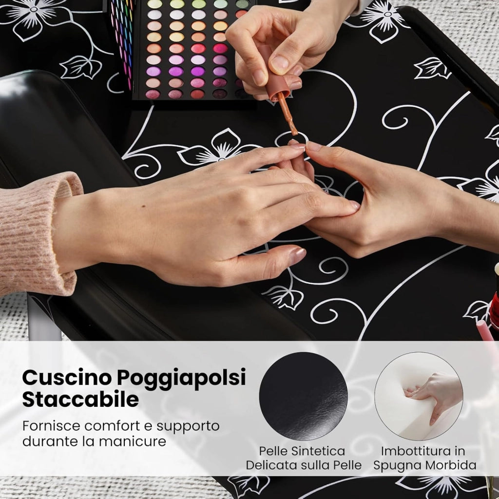 COSTWAY Tavolo Manicure Pieghevole, Tavolo Unghie Estetista Portatile con Ruote, Cassetto, Cuscino Poggiapolsi e Borsa