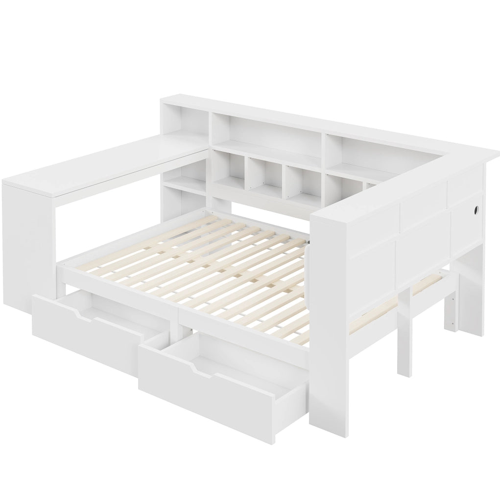 Letto a piattaforma L 140x200 cm con scrivania; libreria; LED e USB; bianco