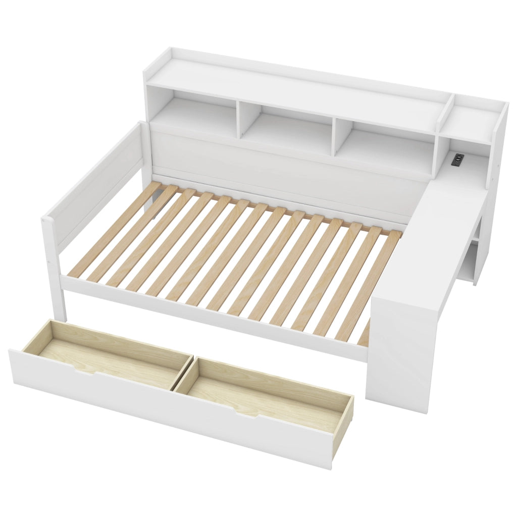 OKWISH Letto a Divano 90×200 cm, Letto Singolo con Presa, USB, 2 Cassetti, Scrivania e Mensole, senza Materasso, Bianco