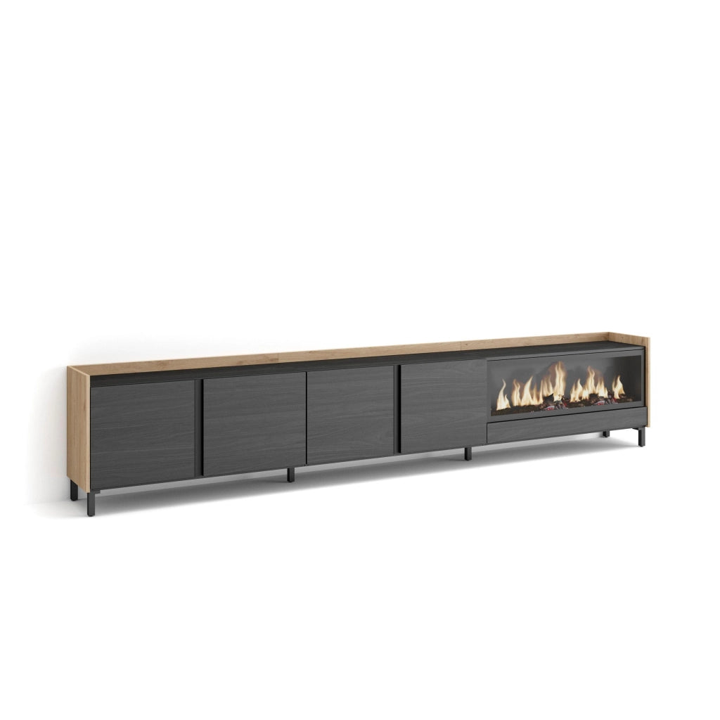 Mobile TV Soggiorno, 315x61x35 cm, Per TV fino a 80", Camino elettrico XXL, Design industriale, Nero e rovere