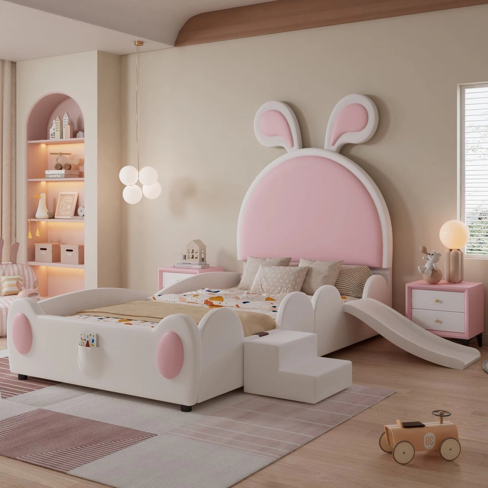Letto Singolo Bambini con Scivolo e Testiera Orecchie ¨C MINIMAL ¨C PU Bianco Rosa 90x200