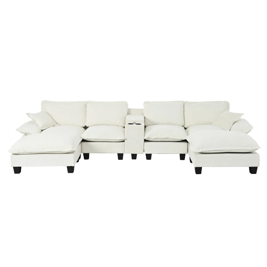 Divano panoramico a U modulare con contenitore portabicchieri USB e pouf removibile in chenille beige 362×151×90 cm