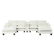 Divano panoramico a U modulare con contenitore portabicchieri USB e pouf removibile in chenille beige 362×151×90 cm