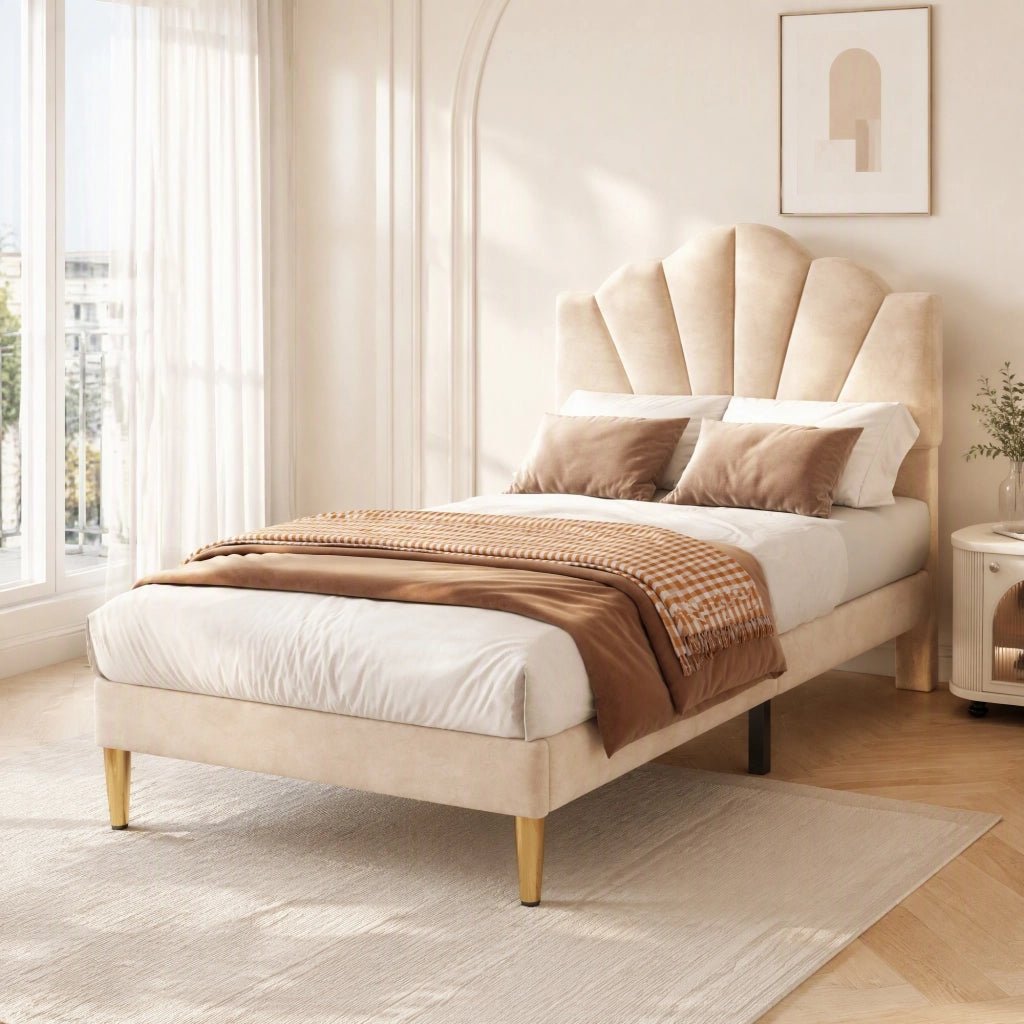 LETTO imbottito 90x200 cm in velluto beige con testiera regolabile