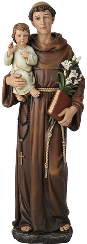 Statua di Sant'Antonio di Padova in legno, decorazione religiosa e ispiratrice, 37,5 cm di altezza, stile rinascimentale, manufatto artigianale.