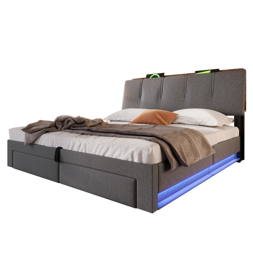 Letto imbottito idraulico con USB LED 140x200 cm colore grigio lino