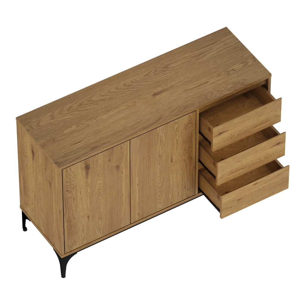 Credenza Bassa Kistiandi a 2 Ante e 3 Cassetti 77 x 120 x 40 cm - Effetto Rovere Scuro [en.casa]