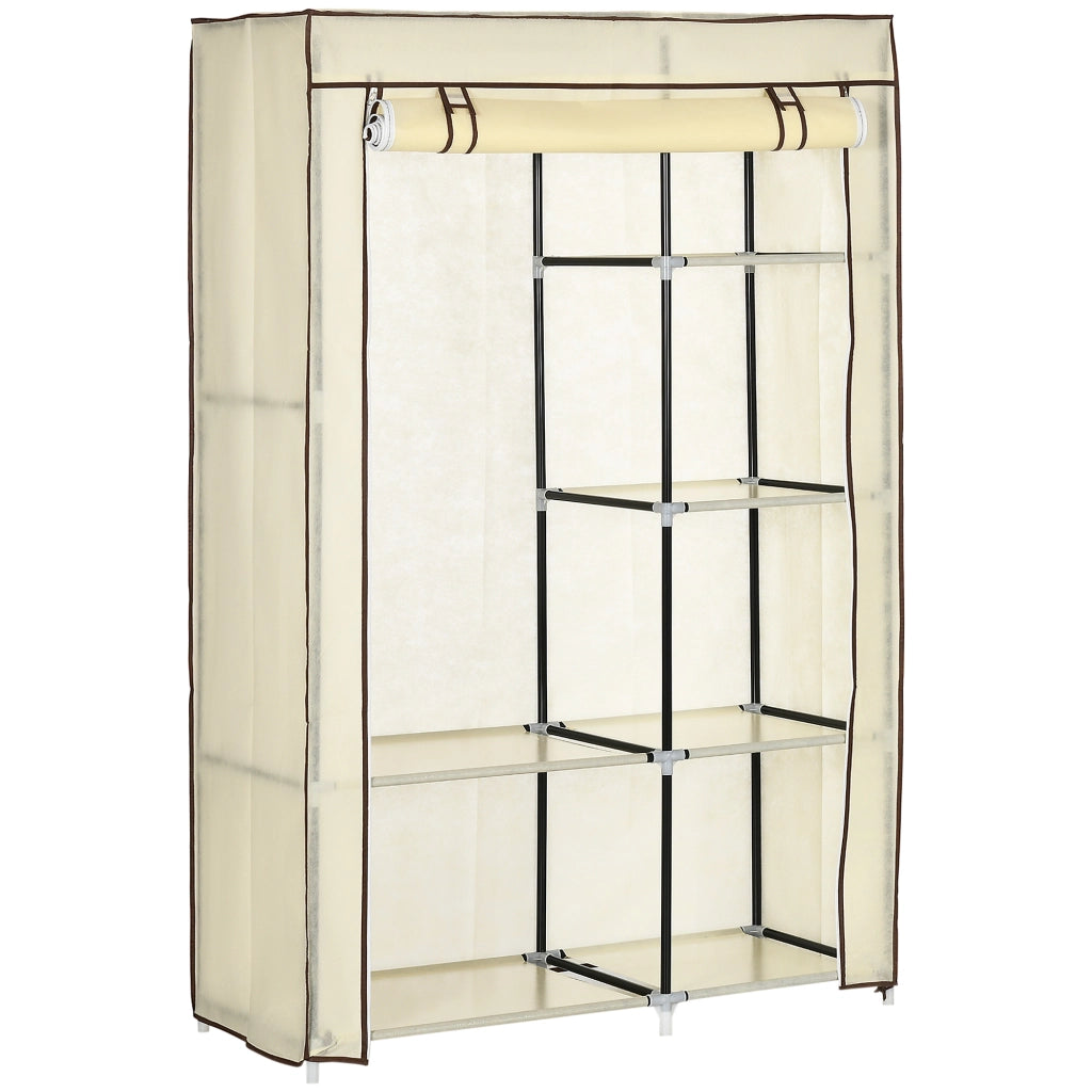 Armadio in tessuto pieghevole con 1 barra appendiabiti e 6 ripiani, colore crema, per camera da letto e ingresso