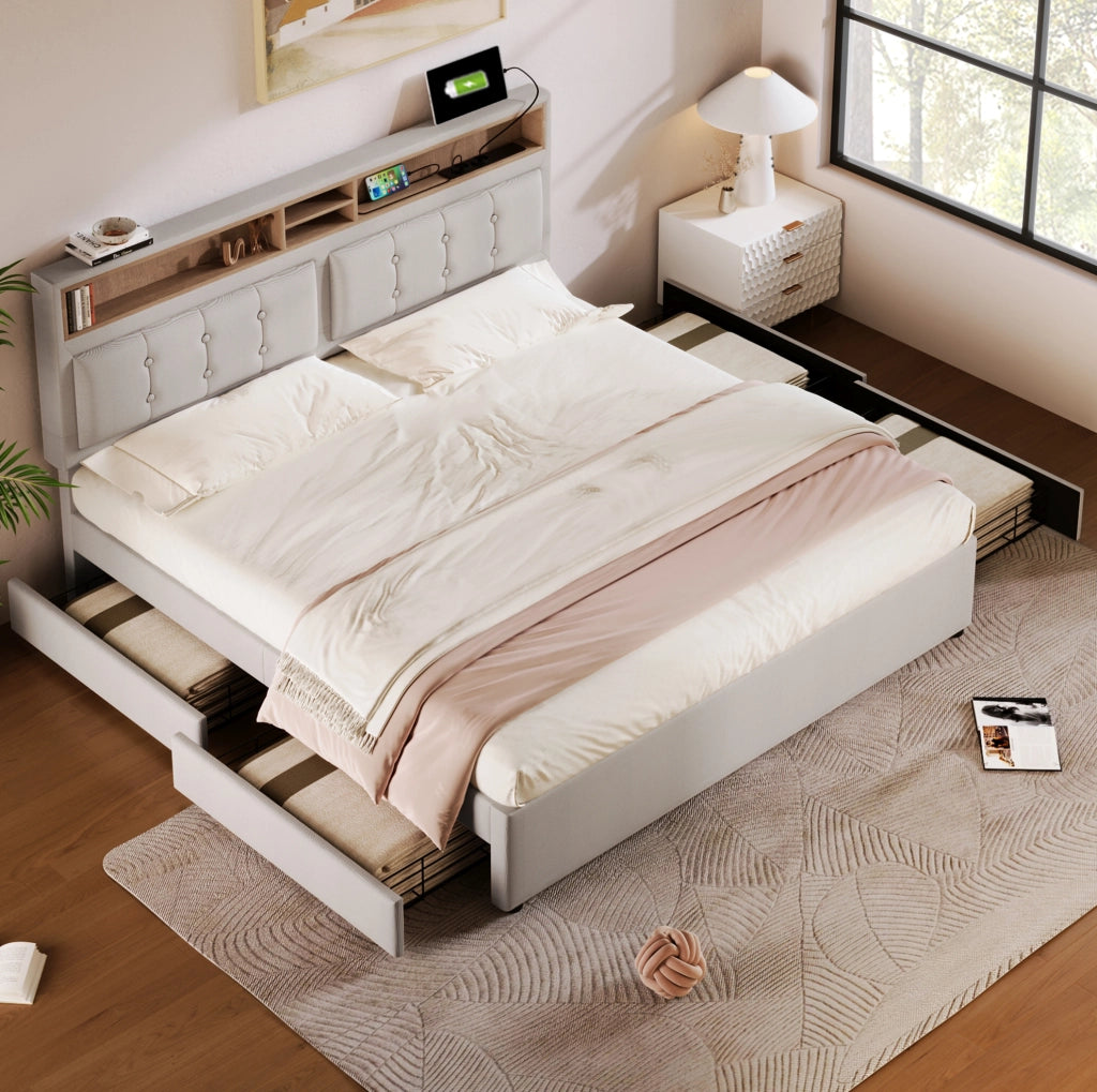 Letto matrimoniale 140x200 cm imbottito in lino beige con 4 cassetti; testiera regolabile e materasso