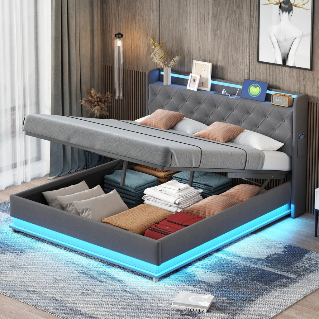 LETTO imbottito LED 160x200 cm grigio con USB e contenitore